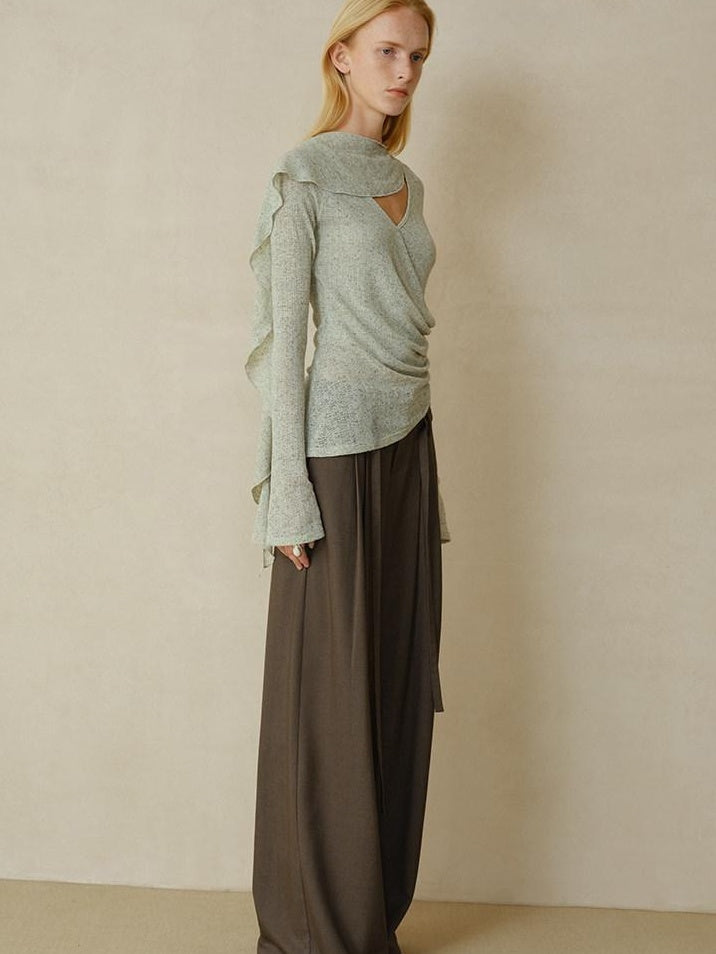 someonesometimes Linen Blend V-neck Bell Sleeve Slim Sage Green Cross Women Long Sleeve T-Shirts