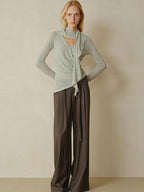 someonesometimes Linen Blend V-neck Bell Sleeve Slim Sage Green Cross Women Long Sleeve T-Shirts
