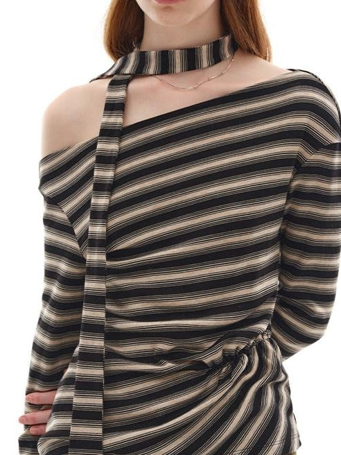Lyocell Blend Soft Striped Asymmetric Collar Loose Fit Casual Knit Sweater