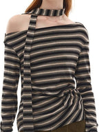 Lyocell Blend Soft Striped Asymmetric Collar Loose Fit Casual Knit Sweater