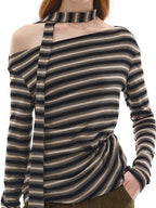 Lyocell Blend Soft Striped Asymmetric Collar Loose Fit Casual Knit Sweater