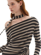 Lyocell Blend Soft Striped Asymmetric Collar Loose Fit Casual Knit Sweater