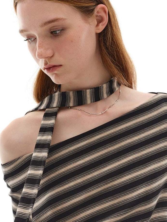 Lyocell Blend Soft Striped Asymmetric Collar Loose Fit Casual Knit Sweater