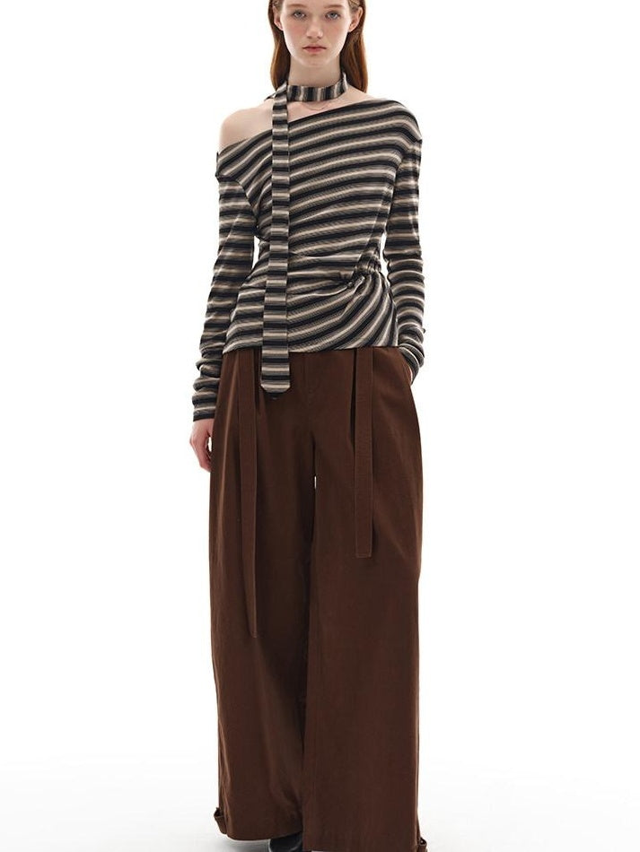 Lyocell Blend Soft Striped Asymmetric Collar Loose Fit Casual Knit Sweater