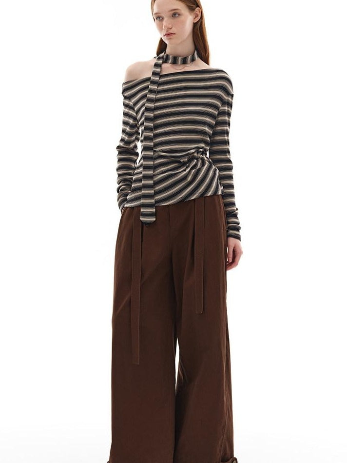 Lyocell Blend Soft Striped Asymmetric Collar Loose Fit Casual Knit Sweater