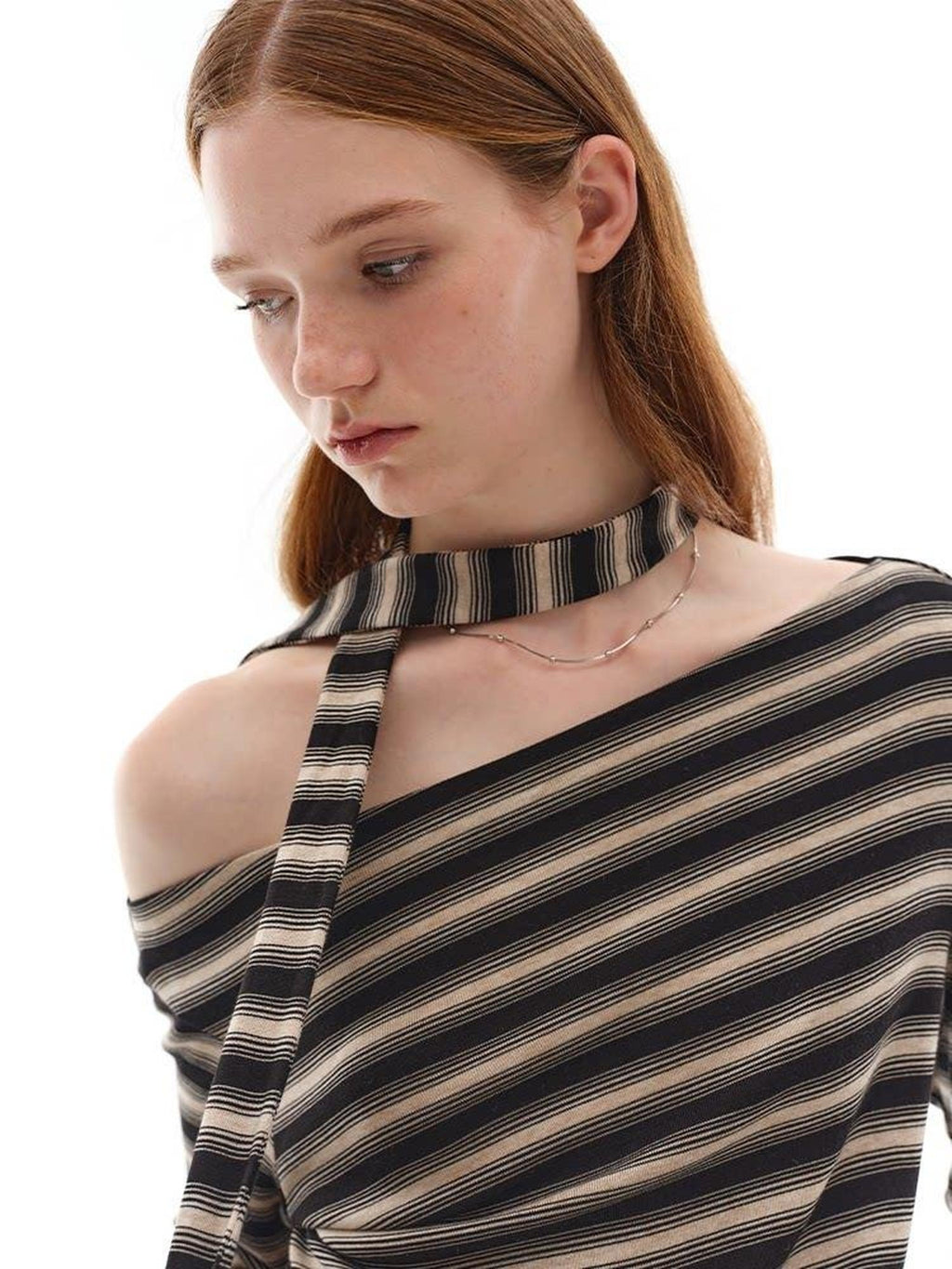Lyocell Blend Soft Striped Asymmetric Collar Loose Fit Casual Knit Sweater
