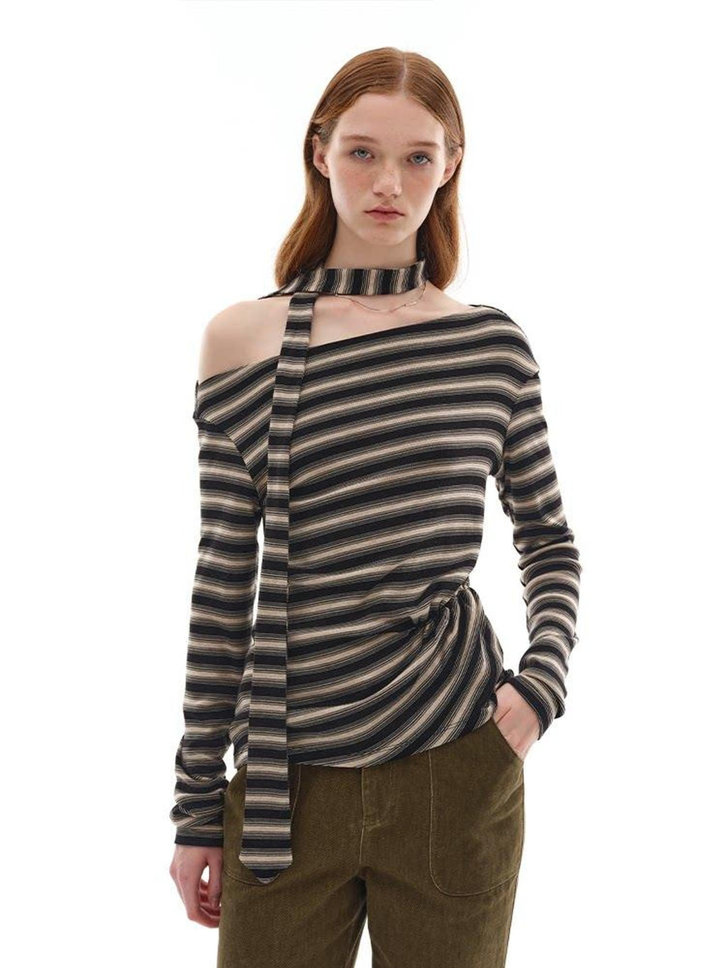 Lyocell Blend Soft Striped Asymmetric Collar Loose Fit Casual Knit Sweater