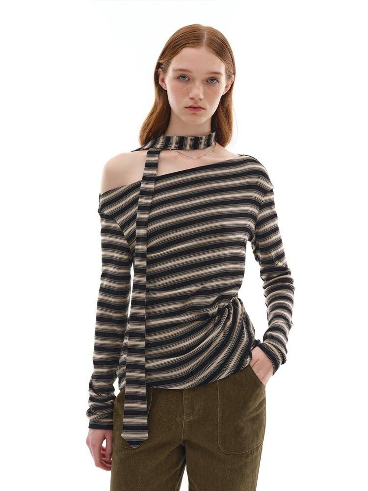 Lyocell Blend Soft Striped Asymmetric Collar Loose Fit Casual Knit Sweater