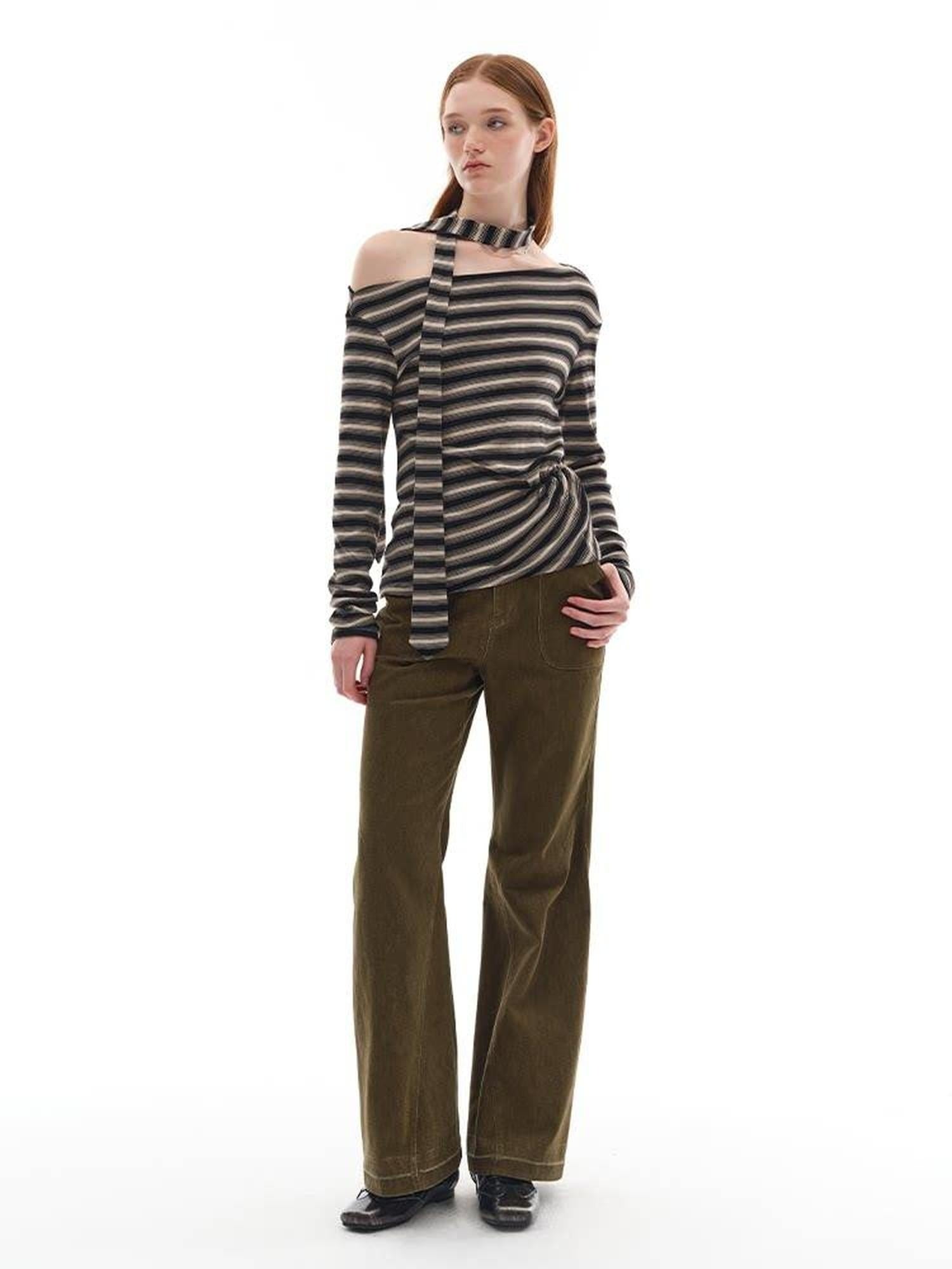 Lyocell Blend Soft Striped Asymmetric Collar Loose Fit Casual Knit Sweater