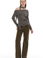 Lyocell Blend Soft Striped Asymmetric Collar Loose Fit Casual Knit Sweater
