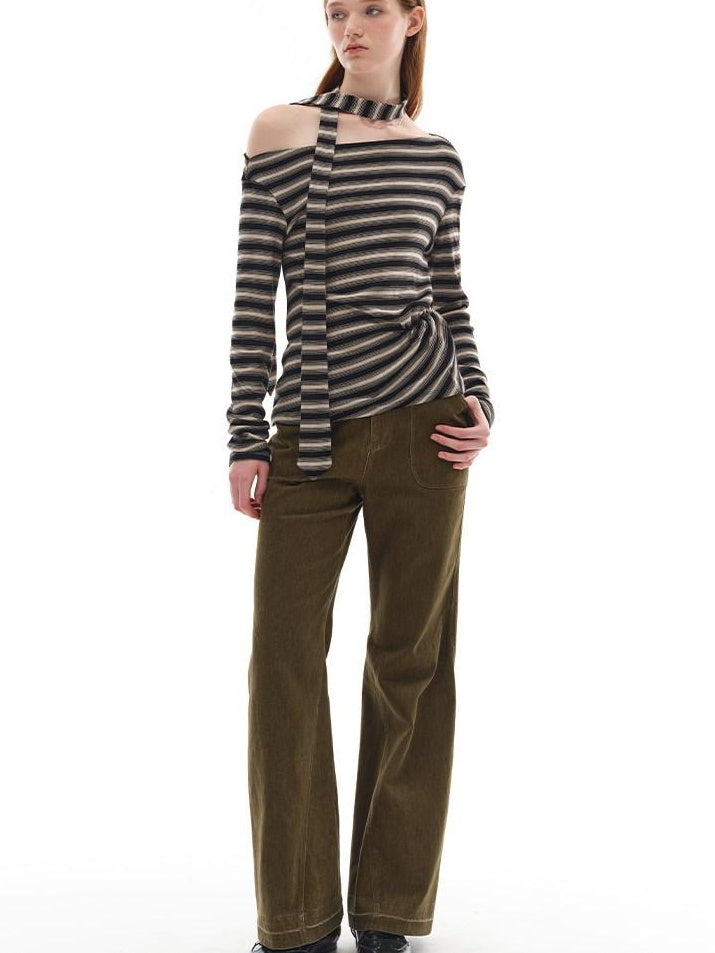 Lyocell Blend Soft Striped Asymmetric Collar Loose Fit Casual Knit Sweater