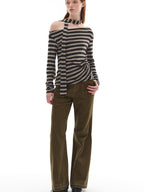 Lyocell Blend Soft Striped Asymmetric Collar Loose Fit Casual Knit Sweater