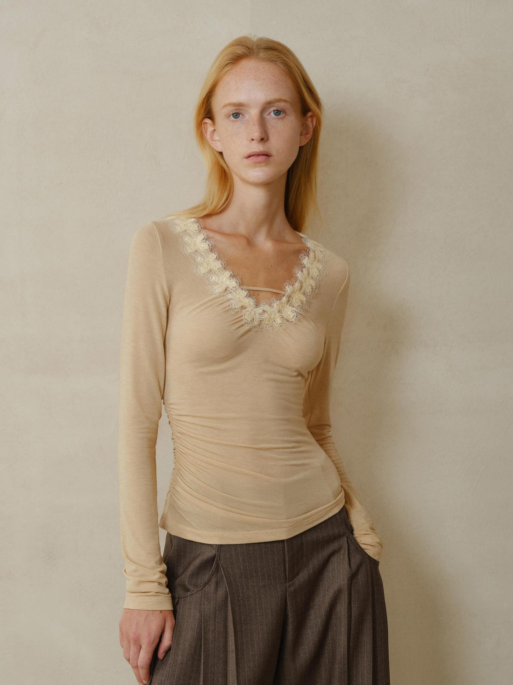 someonesometimes Lyocell Wool Blend V-neck Slim Fit Knit Women Beige Cross Print Long Sleeve T-Shirts