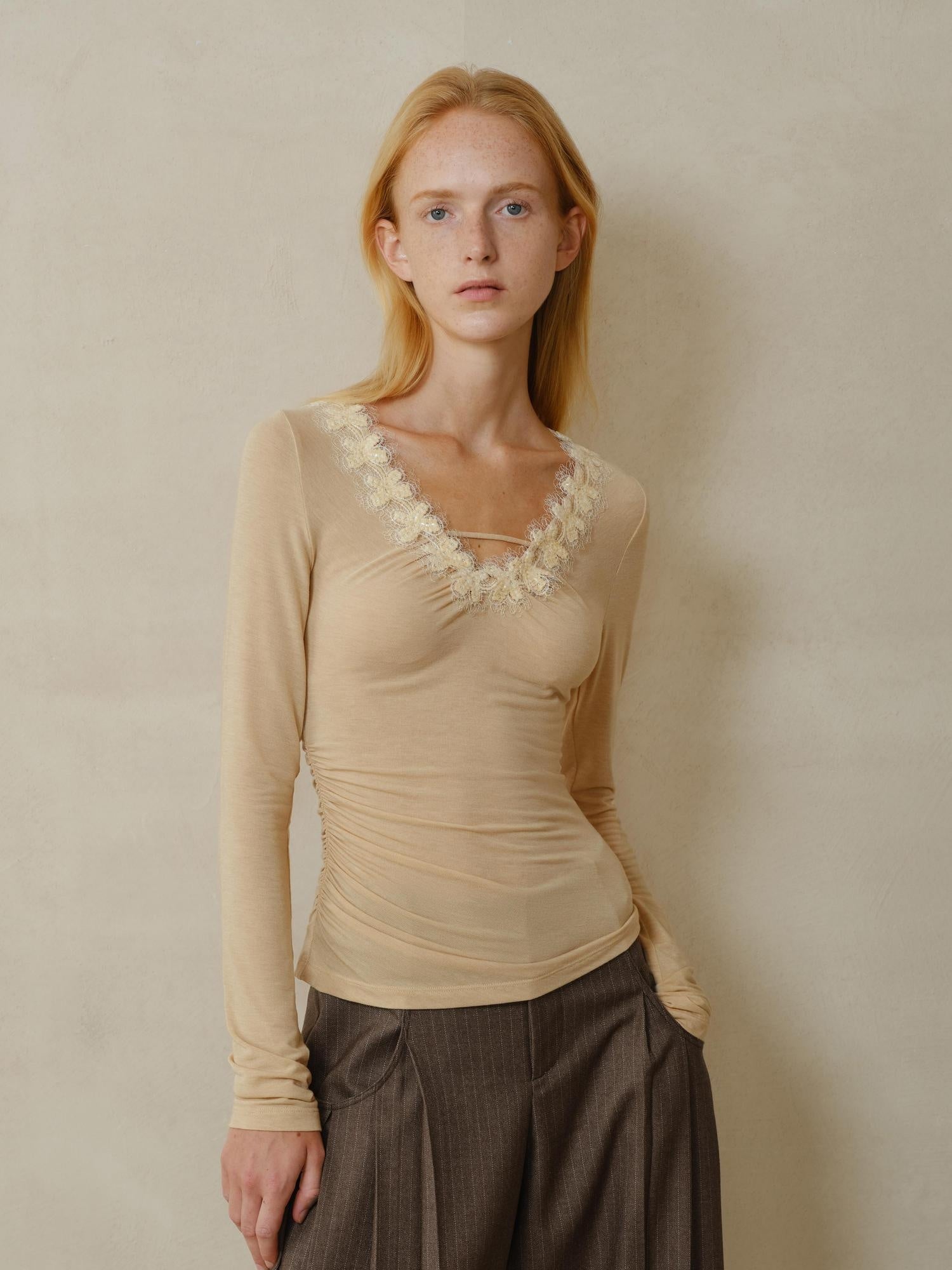 someonesometimes Lyocell Wool Blend V-neck Slim Fit Knit Women Beige Cross Print Long Sleeve T-Shirts