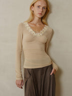 someonesometimes Lyocell Wool Blend V-neck Slim Fit Knit Women Beige Cross Print Long Sleeve T-Shirts