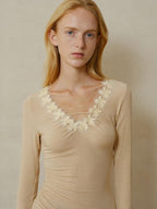 someonesometimes Lyocell Wool Blend V-neck Slim Fit Knit Women Beige Cross Print Long Sleeve T-Shirts