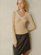 someonesometimes Lyocell Wool Blend V-neck Slim Fit Knit Women Beige Cross Print Long Sleeve T-Shirts