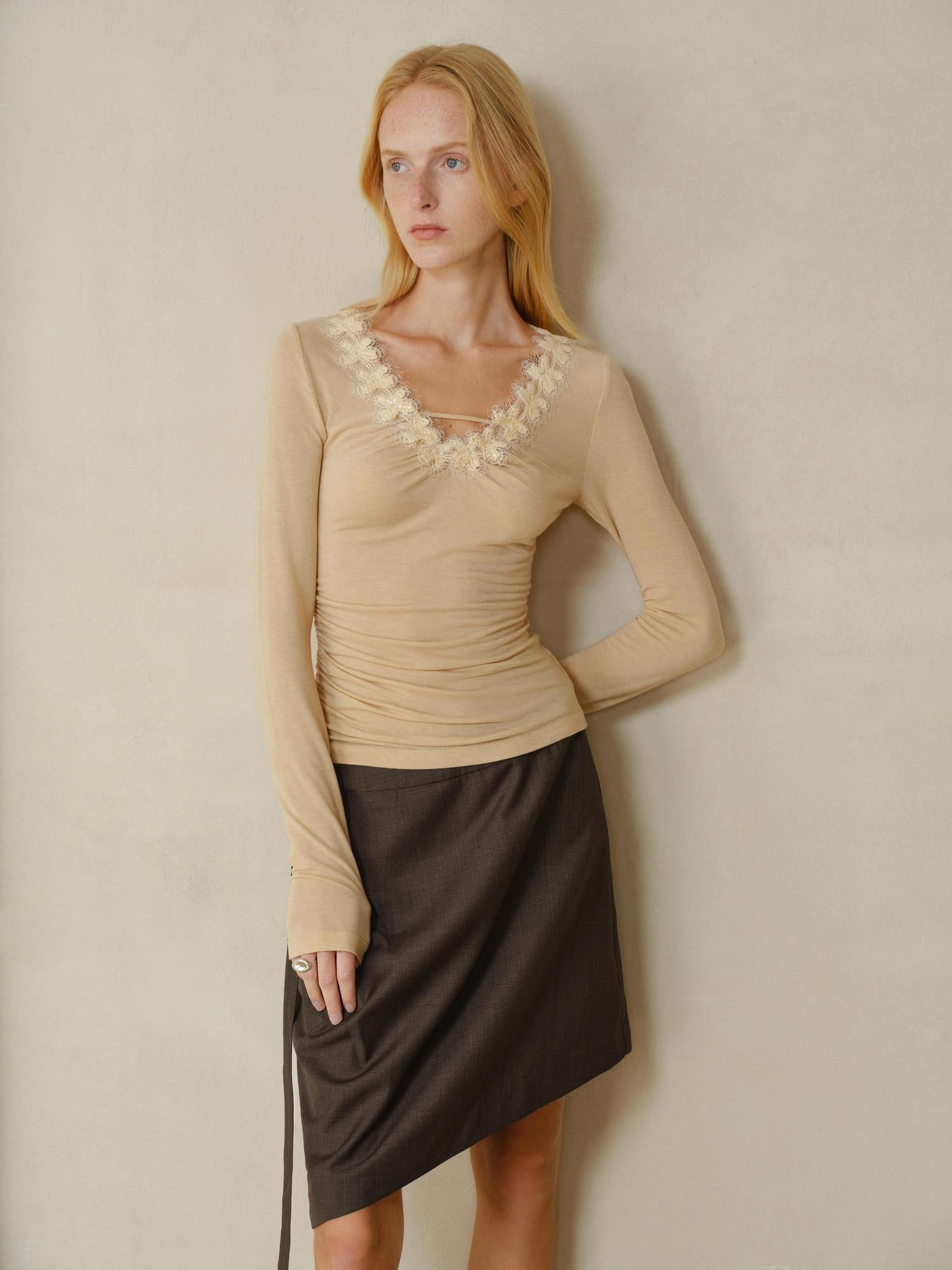 someonesometimes Lyocell Wool Blend V-neck Slim Fit Knit Women Beige Cross Print Long Sleeve T-Shirts