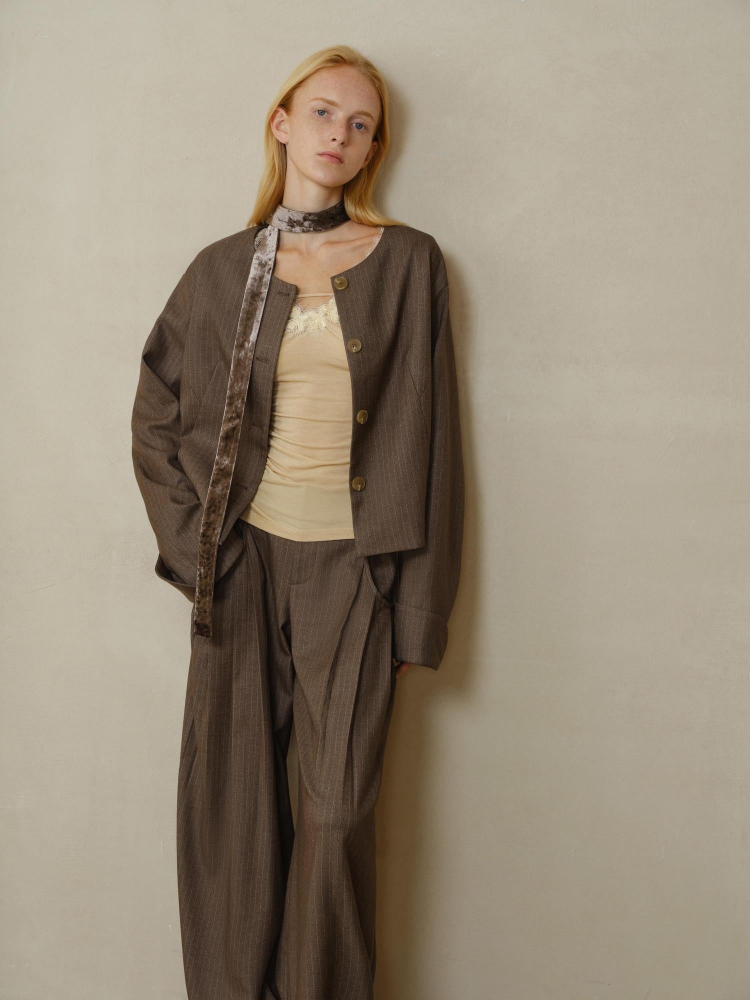 someonesometimes Lyocell Wool Blend V-neck Slim Fit Knit Women Beige Cross Print Long Sleeve T-Shirts