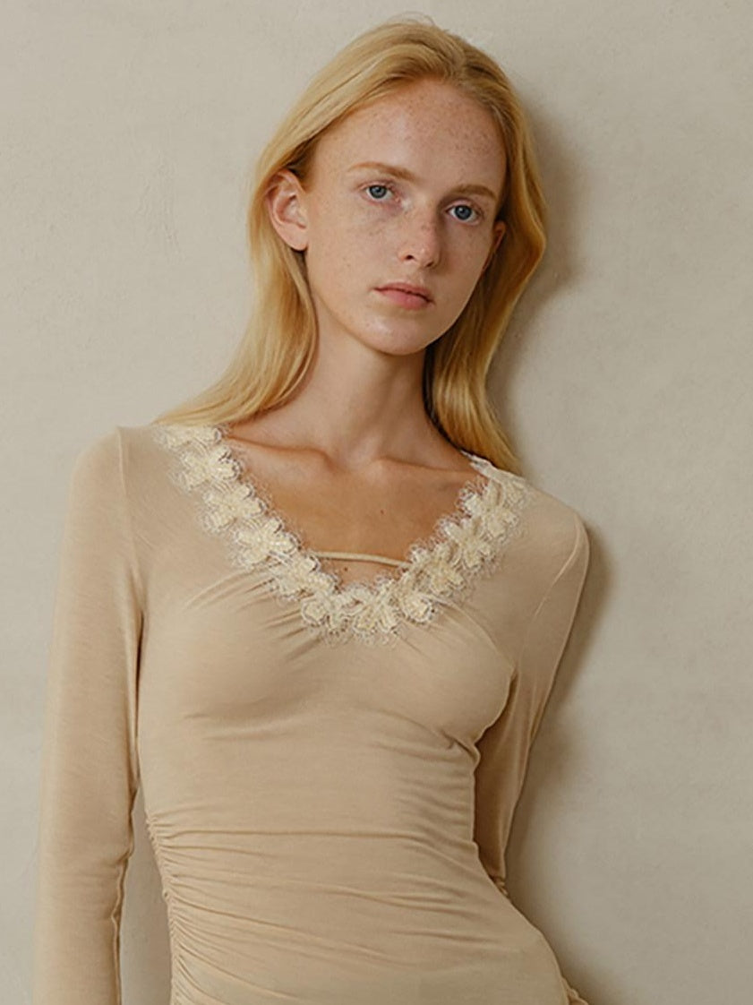 someonesometimes Lyocell Wool Blend V-neck Slim Fit Knit Women Beige Cross Print Long Sleeve T-Shirts