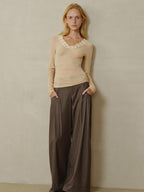 someonesometimes Lyocell Wool Blend V-neck Slim Fit Knit Women Beige Cross Print Long Sleeve T-Shirts