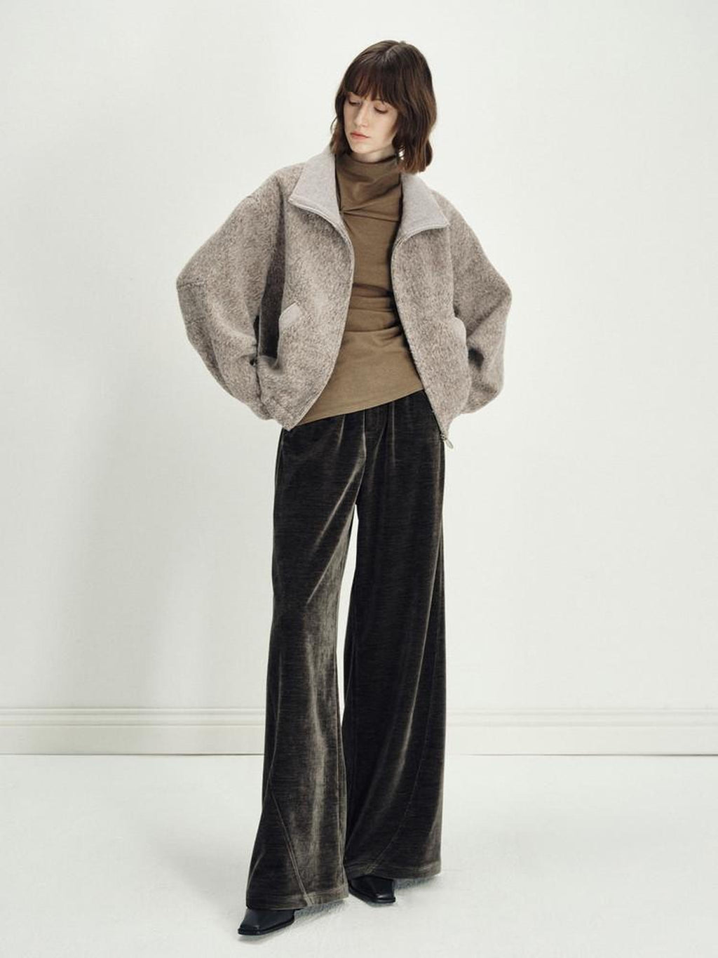 someonesometimes Minimalist Deep Olive Green Polyester Natural Waist Pocket Wide Leg Women Pants