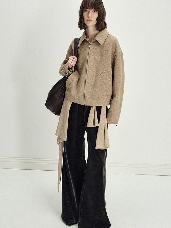 someonesometimes Minimalist Deep Olive Green Polyester Natural Waist Pocket Wide Leg Women Pants