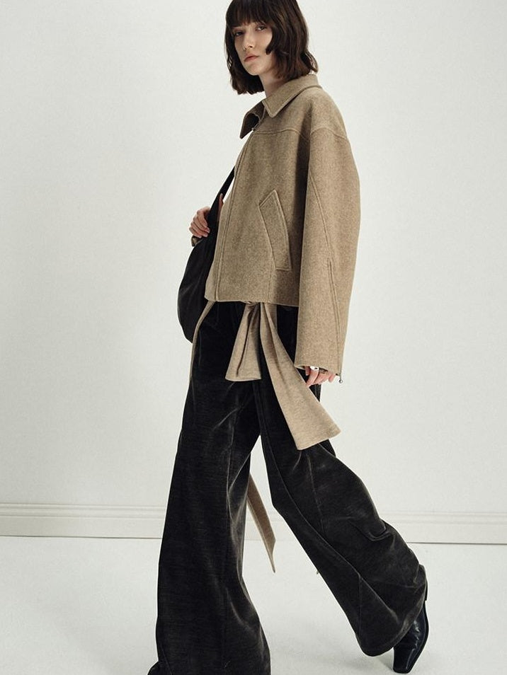 someonesometimes Minimalist Deep Olive Green Polyester Natural Waist Pocket Wide Leg Women Pants