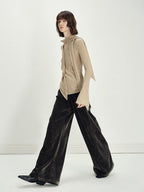 someonesometimes Minimalist Deep Olive Green Polyester Natural Waist Pocket Wide Leg Women Pants