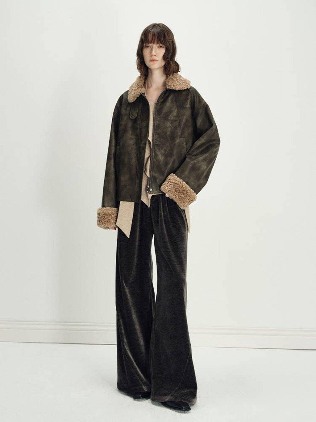 someonesometimes Minimalist Deep Olive Green Polyester Natural Waist Pocket Wide Leg Women Pants