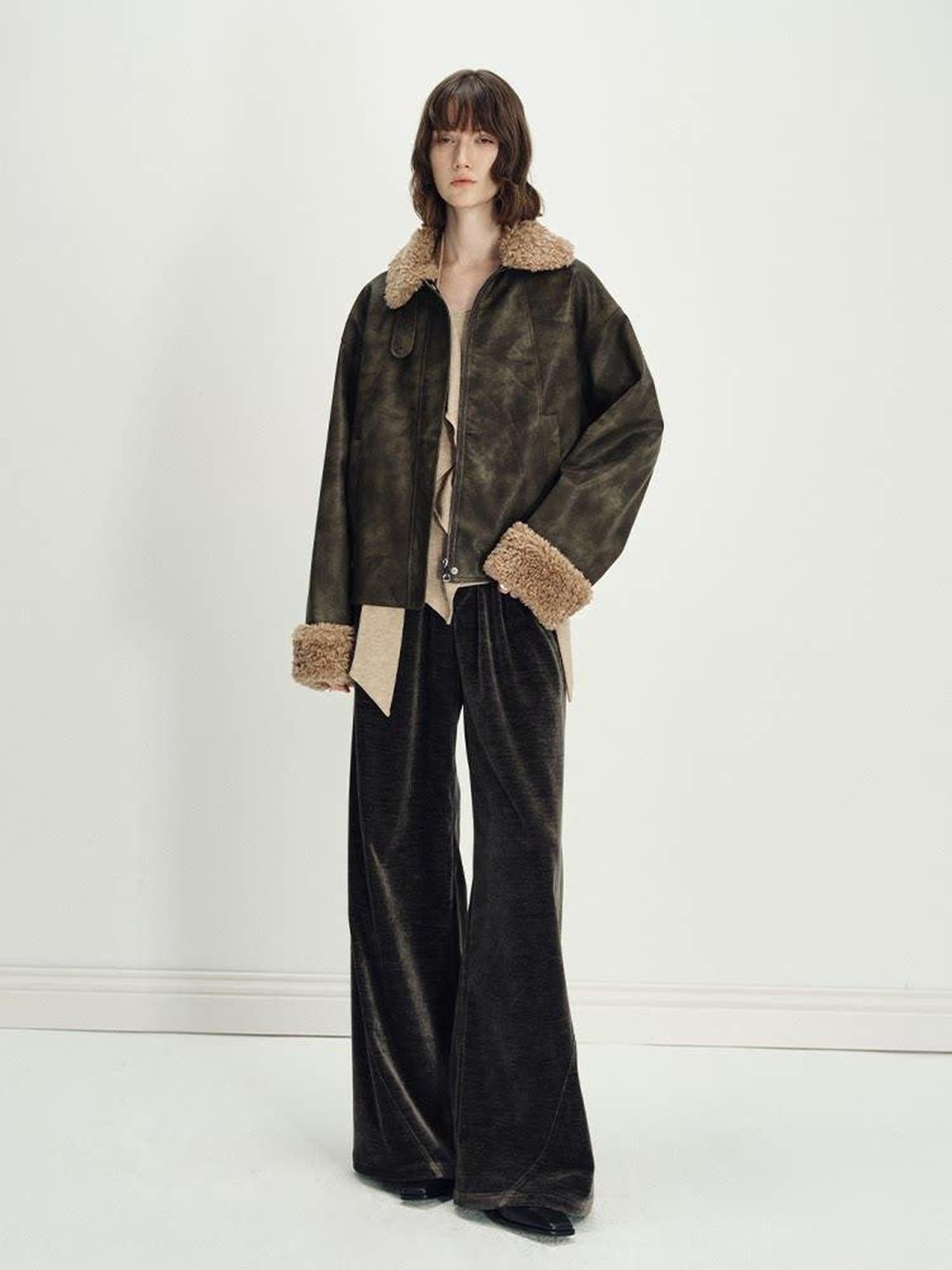 someonesometimes Minimalist Deep Olive Green Polyester Natural Waist Pocket Wide Leg Women Pants