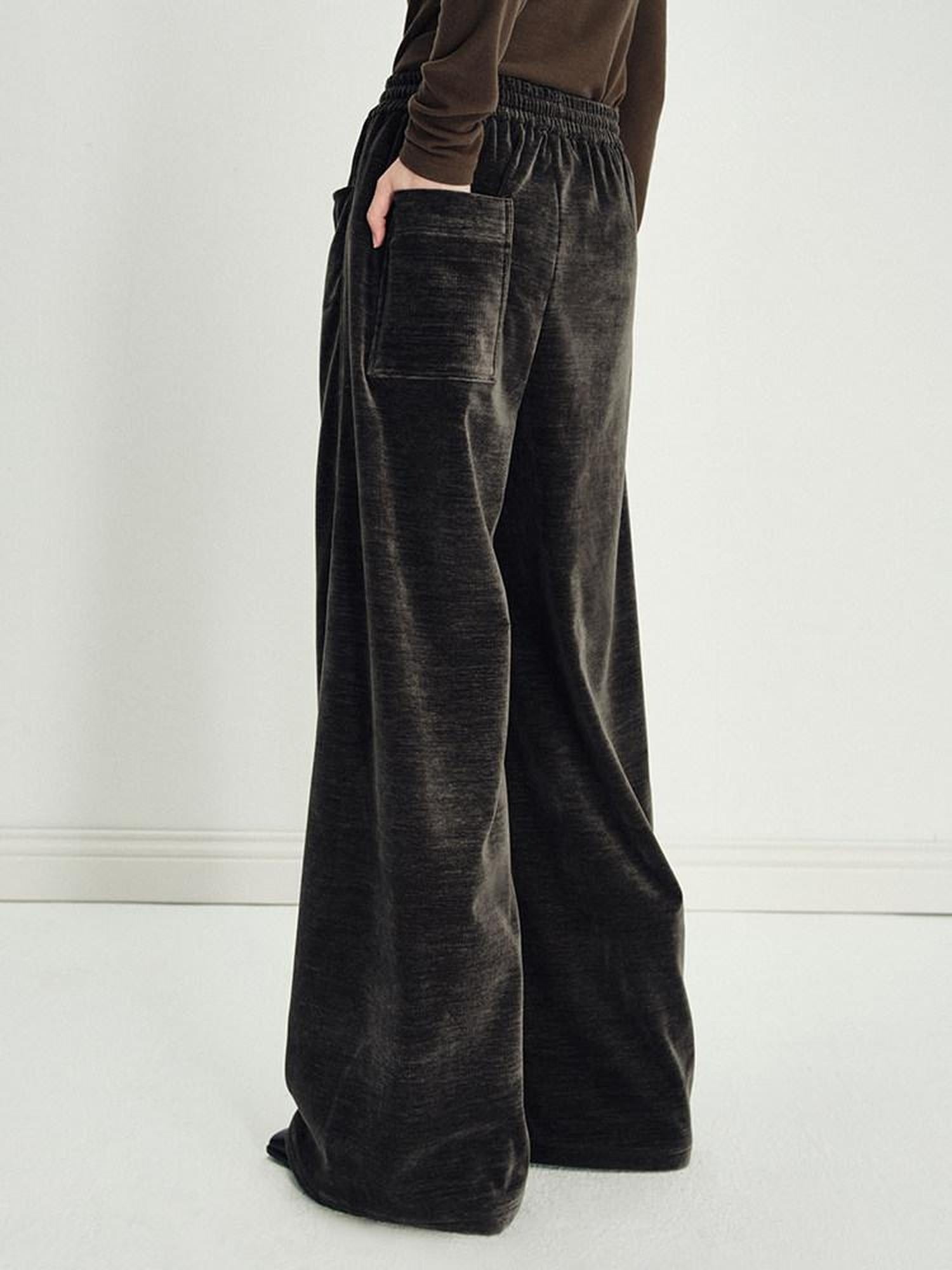 someonesometimes Minimalist Deep Olive Green Polyester Natural Waist Pocket Wide Leg Women Pants