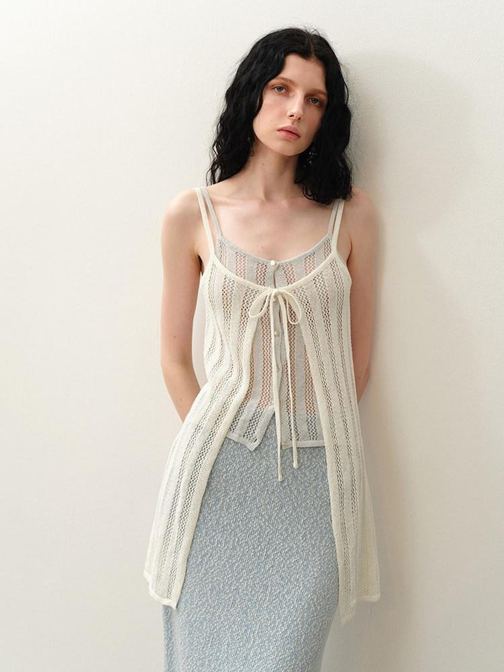 someonesometimes Openwork Mesh Faux Two Piece Slim Fit Original Design Women Spaghetti Strap Top