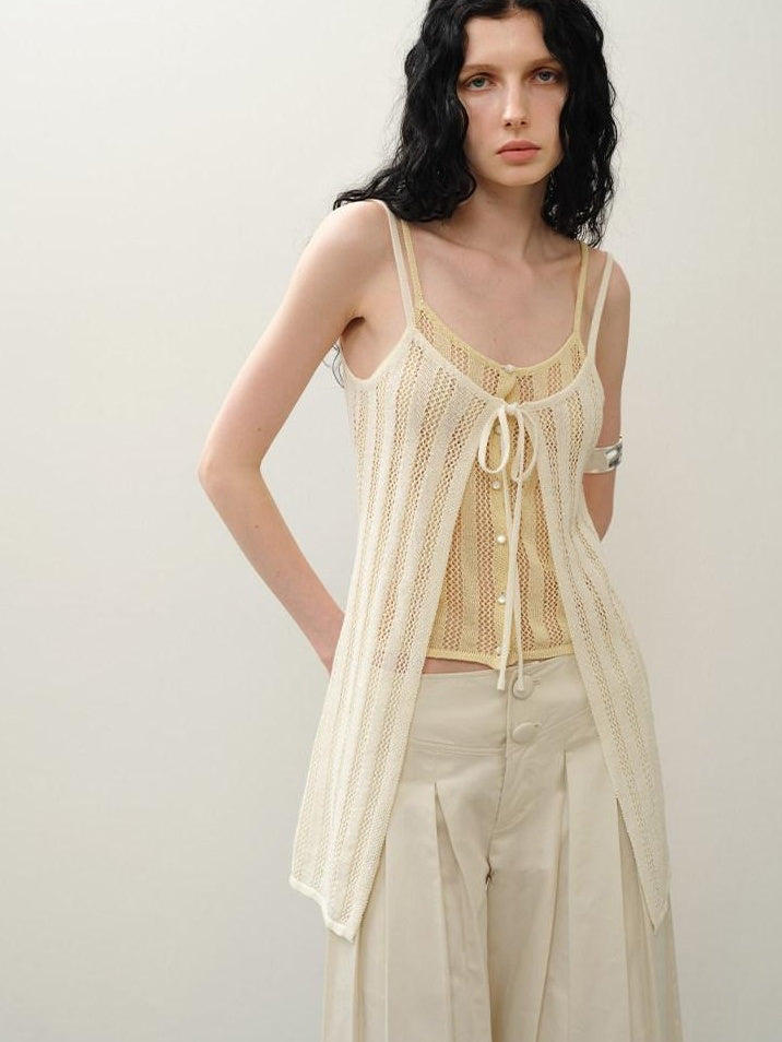 someonesometimes Openwork Mesh Faux Two Piece Slim Fit Original Design Women Spaghetti Strap Top