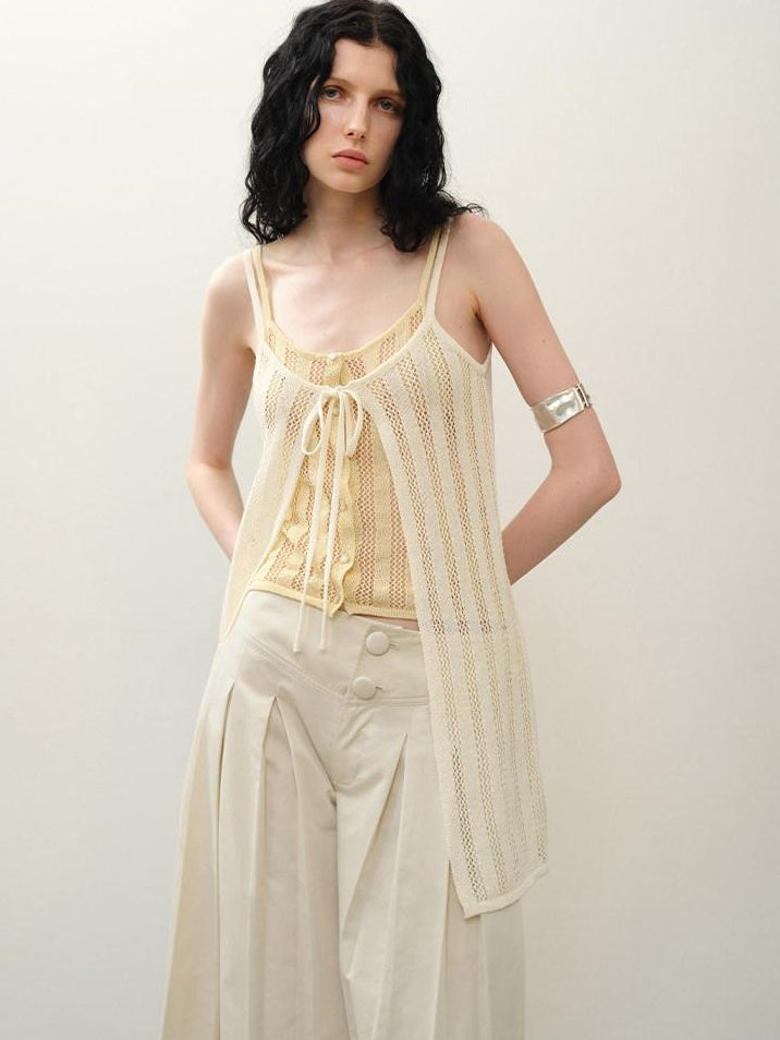 someonesometimes Openwork Mesh Faux Two Piece Slim Fit Original Design Women Spaghetti Strap Top