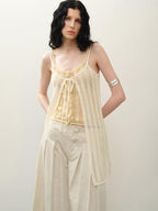 someonesometimes Openwork Mesh Faux Two Piece Slim Fit Original Design Women Spaghetti Strap Top