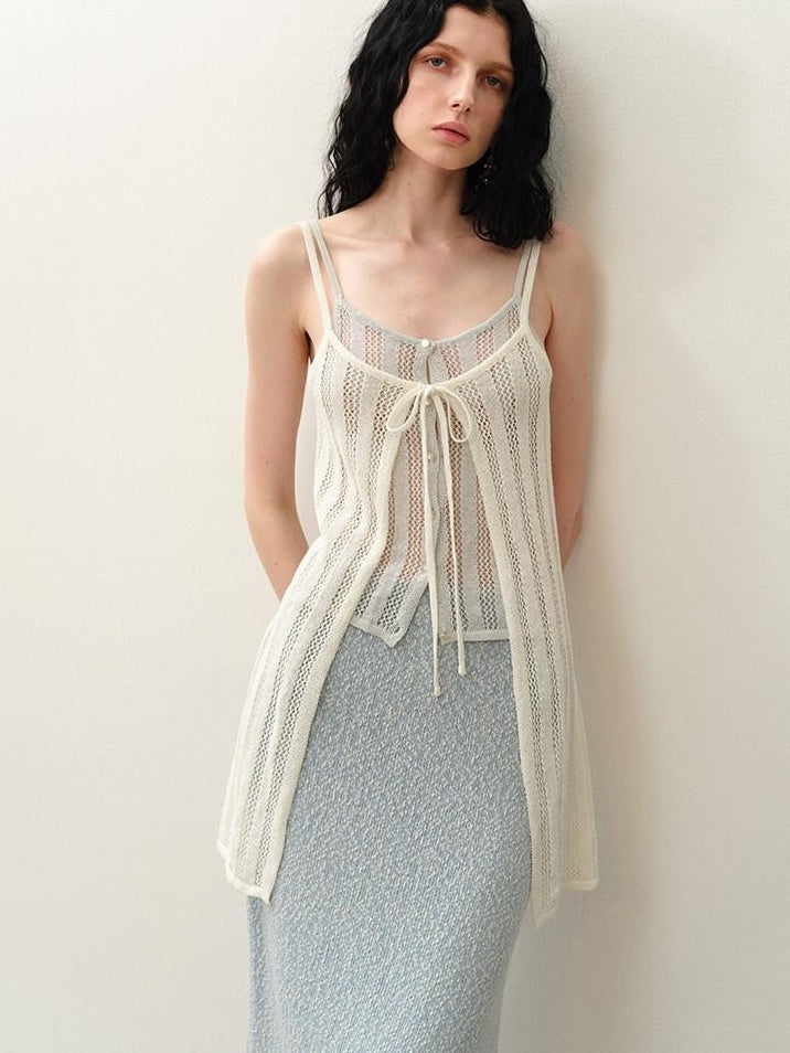 someonesometimes Openwork Mesh Faux Two Piece Slim Fit Original Design Women Spaghetti Strap Top