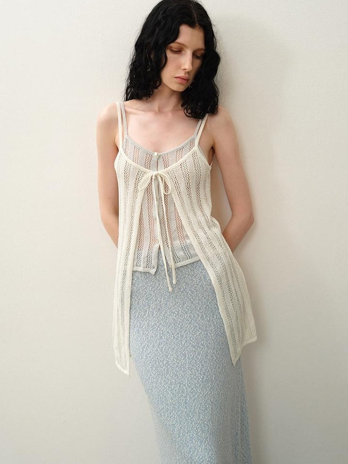 someonesometimes Openwork Mesh Faux Two Piece Slim Fit Original Design Women Spaghetti Strap Top