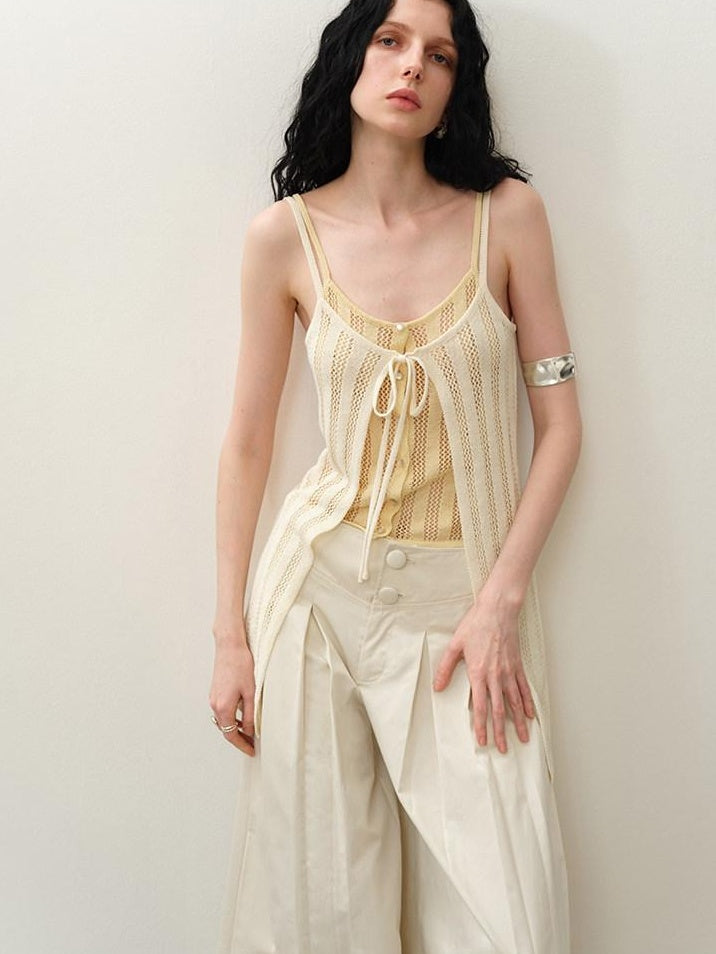 someonesometimes Openwork Mesh Faux Two Piece Slim Fit Original Design Women Spaghetti Strap Top