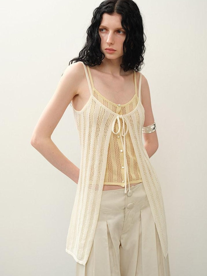 someonesometimes Openwork Mesh Faux Two Piece Slim Fit Original Design Women Spaghetti Strap Top