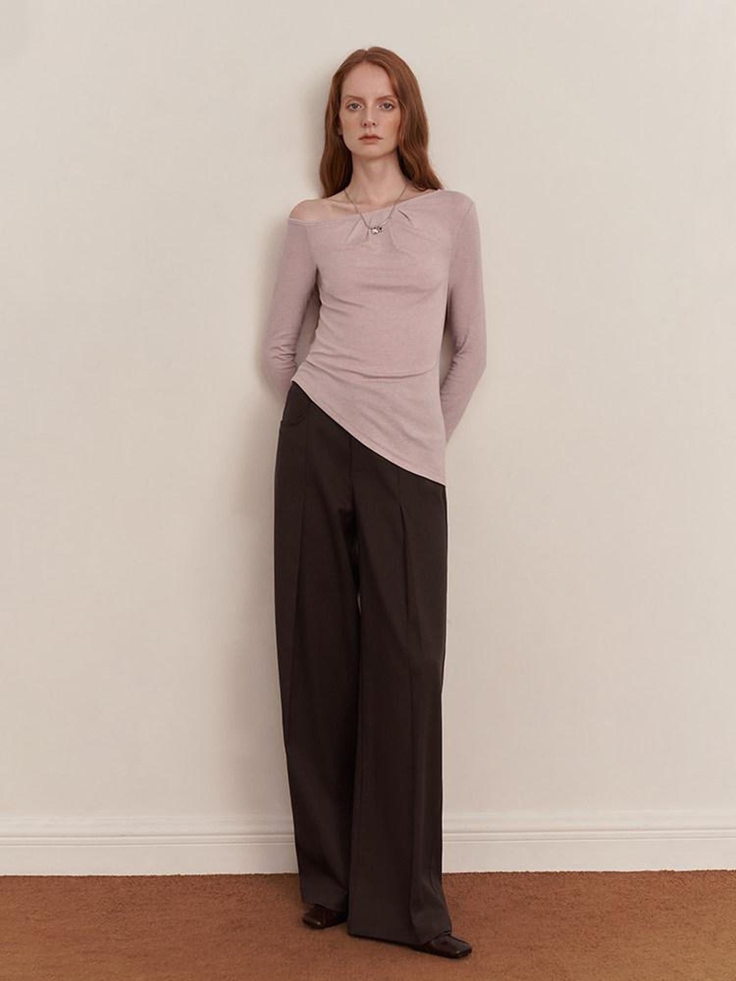 someonesometimes Original Minimalist Pleated Low Waist Curved Leg Women Pine Brown Wide Leg Pants