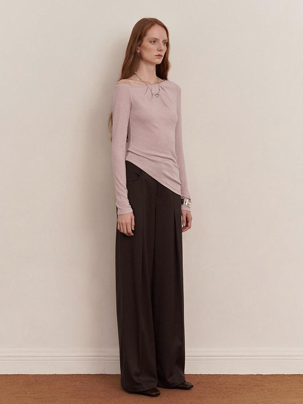 someonesometimes Original Minimalist Pleated Low Waist Curved Leg Women Pine Brown Wide Leg Pants