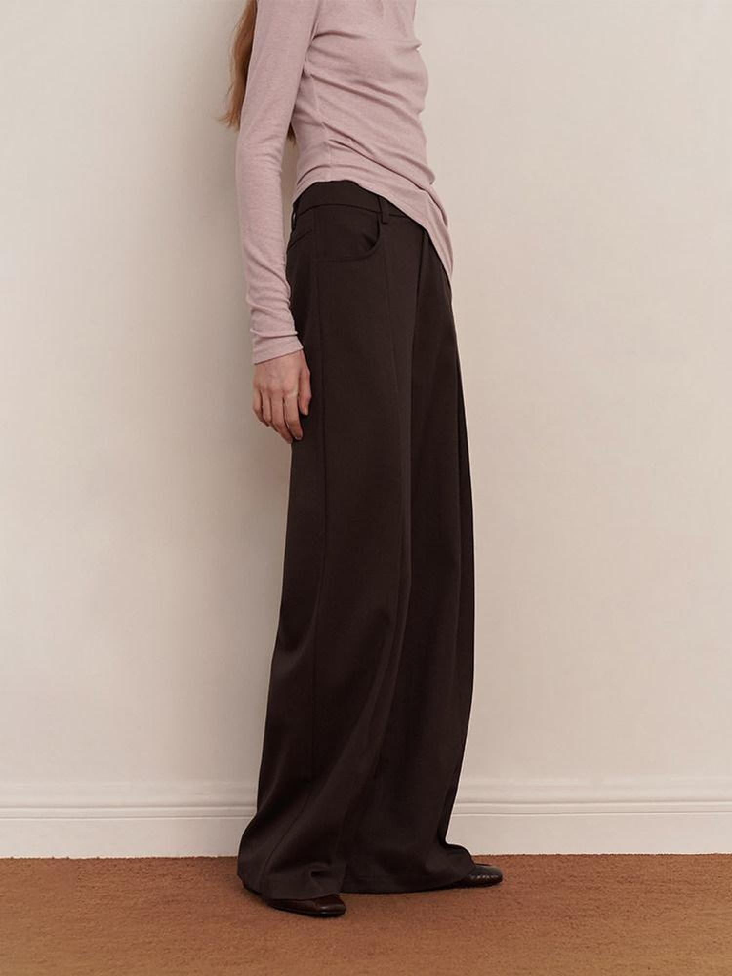 someonesometimes Original Minimalist Pleated Low Waist Curved Leg Women Pine Brown Wide Leg Pants
