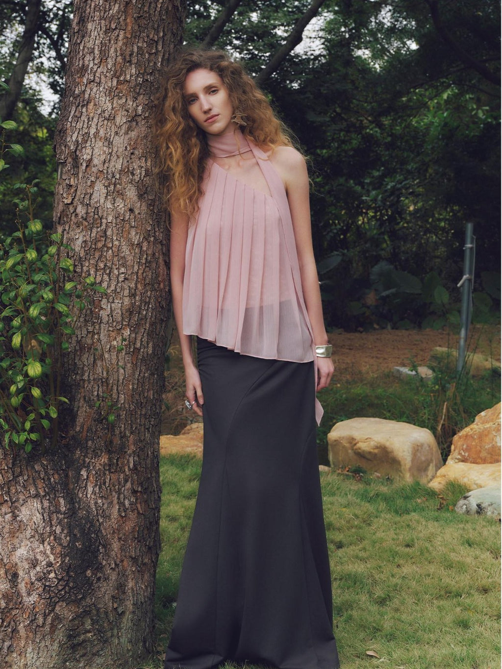 someonesometimes Patchwork Asymmetrical Halter Loose Women Mist Pink Off Shoulder Crop Tops