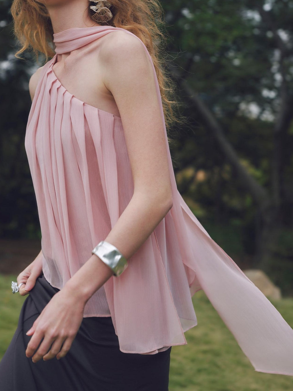 someonesometimes Patchwork Asymmetrical Halter Loose Women Mist Pink Off Shoulder Crop Tops