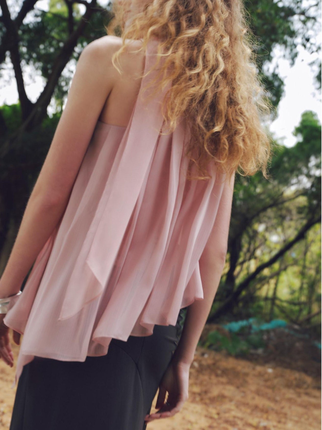 someonesometimes Patchwork Asymmetrical Halter Loose Women Mist Pink Off Shoulder Crop Tops