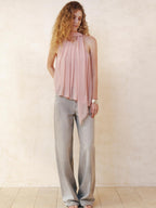 someonesometimes Patchwork Asymmetrical Halter Loose Women Mist Pink Off Shoulder Crop Tops