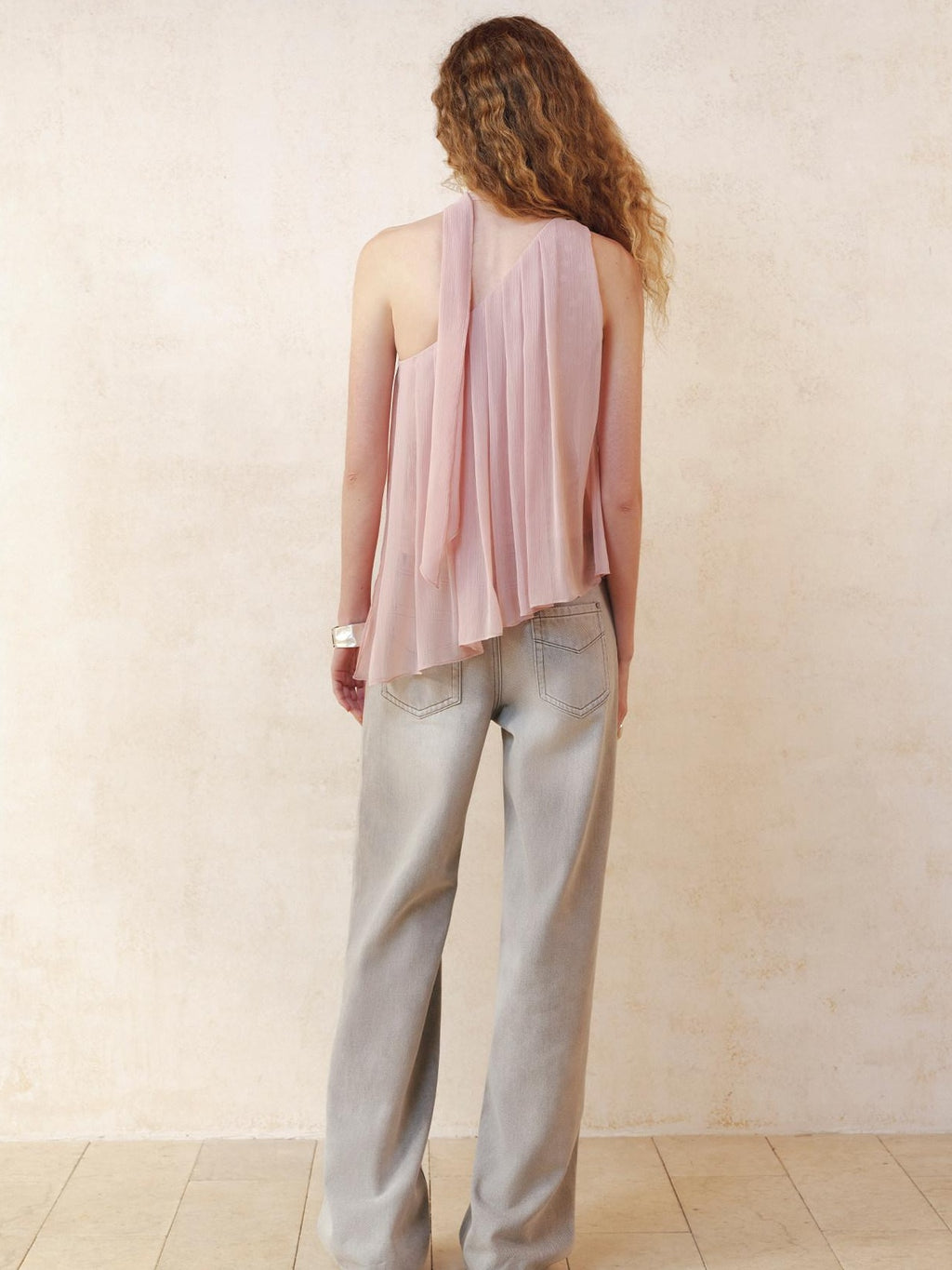 someonesometimes Patchwork Asymmetrical Halter Loose Women Mist Pink Off Shoulder Crop Tops
