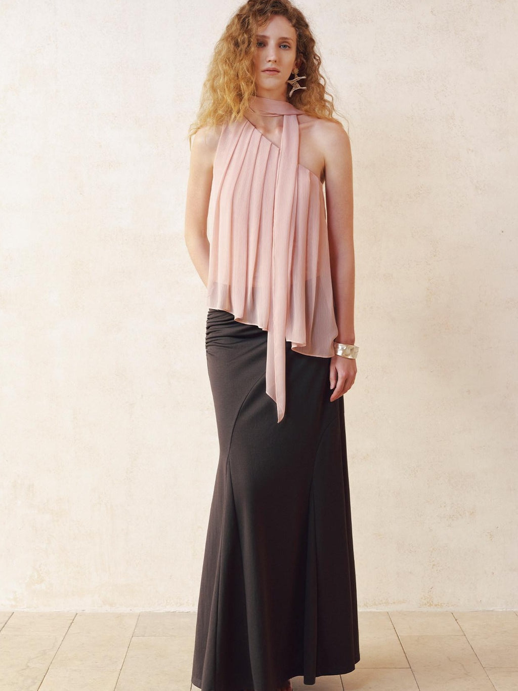 someonesometimes Patchwork Asymmetrical Halter Loose Women Mist Pink Off Shoulder Crop Tops