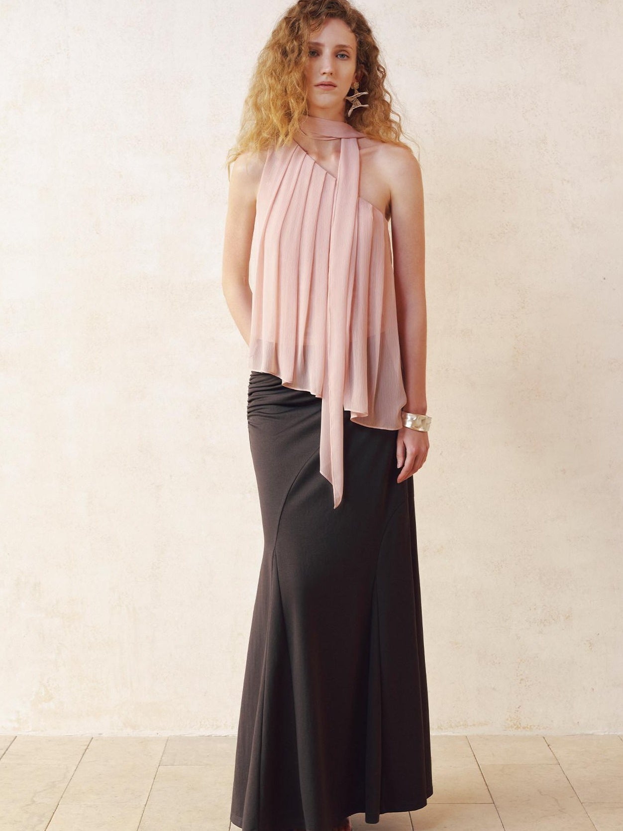 someonesometimes Patchwork Asymmetrical Halter Loose Women Mist Pink Off Shoulder Crop Tops